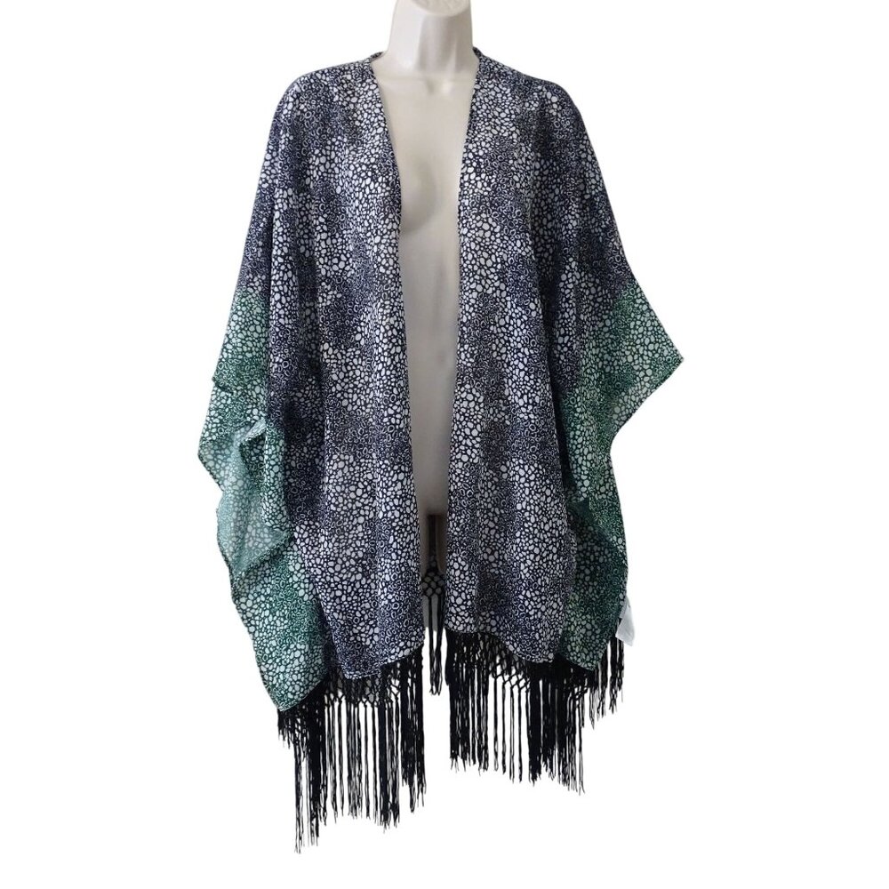 Colleen Lopez Women Black Green Fringe Open Kimono Cardigan Size 1X Lightweight